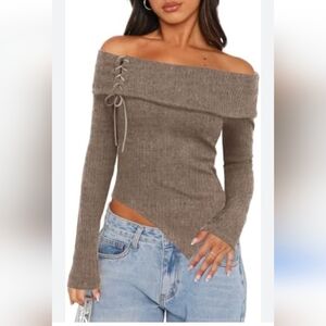 DARONG Women's Off-Shoulder Sweater Top Long Sleeve Rib Knit XS